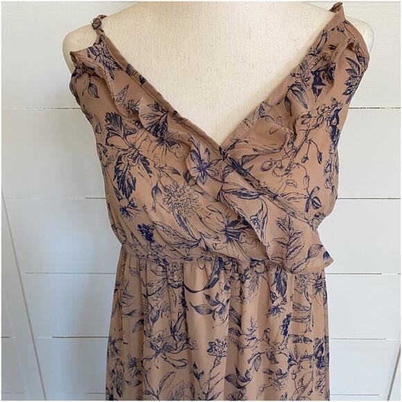 Nordstrom Soprano Brown Tan w/ Navy flowers Sheer ruffled‎ flowy dress - Picture 3 of 10